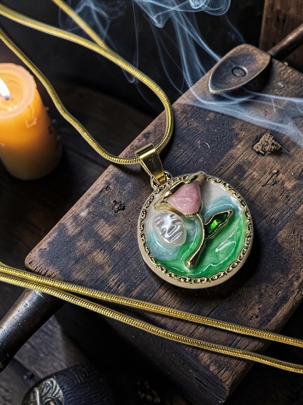 Gold Pendant Necklace with Pink Rose Enamel Accent